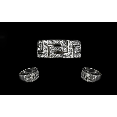 272 - 18ct White Gold Greek Key Design Ring approx 52 round cut diamonds est weight 1 carat fully hallmark... 