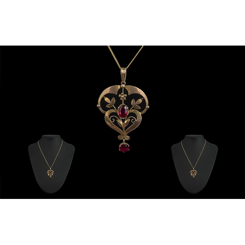 284 - Antique Period Attractive 9ct Gold Openworked Garnet Set Pendant with attached later 9ct gold chain.... 