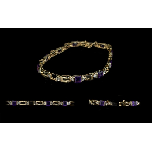 289 - Ladies 14ct Gold Attractive Amethyst & Diamond Set Bracelet.  Marked 14ct.  The square stepped Ameth... 