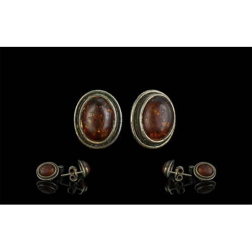 292A - Ladies Silver & Amber Earrings. Stamped for Silver. For Pierced Ears - Please See Photo.