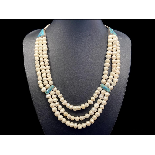 336 - Three Strand Art Deco Style Pearl Necklace with Turquoise Set Triangular and Oval Accents,  set on s... 