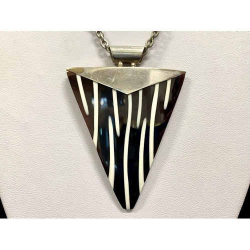 349 - Unusual Silver Pendant, Scandinavian Style, with a large triangular black and white striped pendant ... 