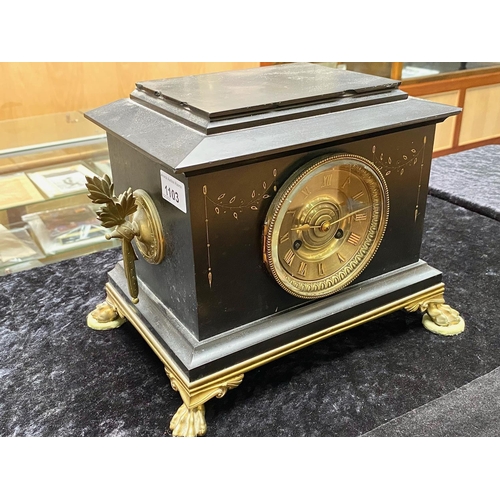 1103 - Victorian Black Marble Mantle Clock, brass dial with Arabic numerals, mounted on four claw brass fee... 