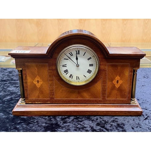 1172 - Early 20th Century Edwardian Mantle Clock, architectural design with columns, inlaid mahogany, white... 