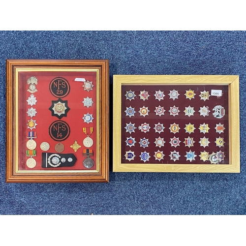 1305 - Fire Brigade Interest - Two Framed Collections of Fire Brigade Medals & Badges, including WWII Defen... 