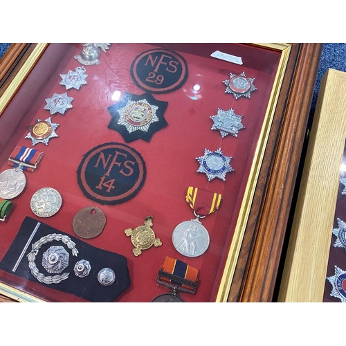 1305 - Fire Brigade Interest - Two Framed Collections of Fire Brigade Medals & Badges, including WWII Defen... 