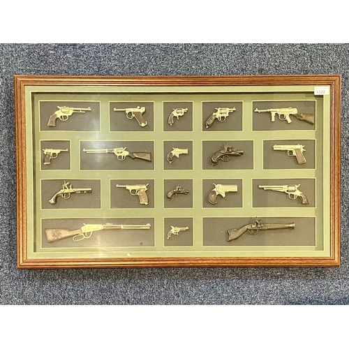 1322 - Framed Display Containing 18 Miniature Replica Guns.  Overall size including case 20'' x 34''.