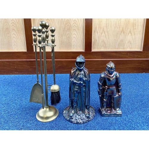 1402 - Fireplace Companion Set in the Form of Knights, both with pokers, together with a brass four piece C... 