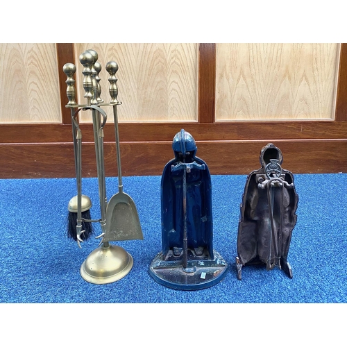 1402 - Fireplace Companion Set in the Form of Knights, both with pokers, together with a brass four piece C... 