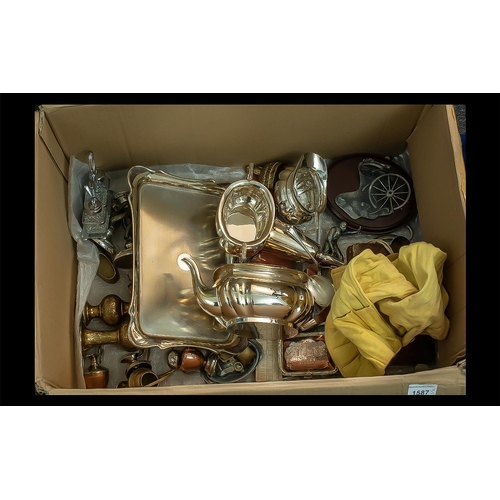 1587 - Two Boxes of Collectibles, comprising silver plated ware including teapots, milk jugs, sugar bowls, ... 