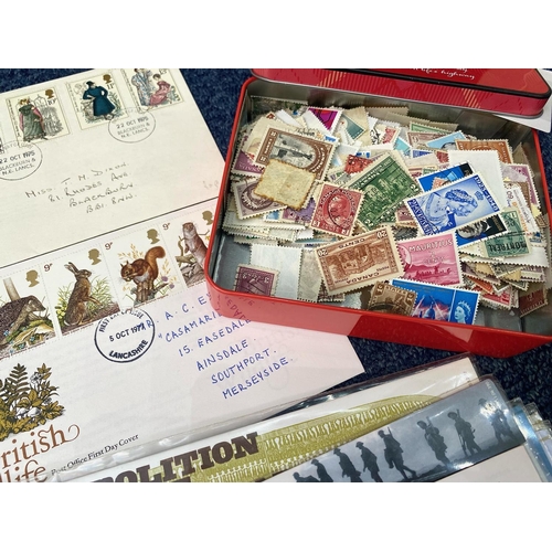 1588 - Box of Stamps, including First Day Covers, postal orders and a quantity of loose stamps.