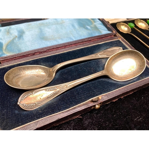 1592 - Old Corkscrew Hallmarked Silver Handled Bottle Opener, together with two boxes of coffee spoons.