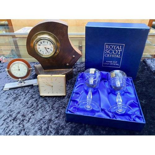 1599 - Art Deco Chrome Clock, plus Oris clock, large old car clock housed in a wooden frame, and Royal Scot... 