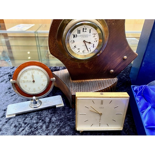 1599 - Art Deco Chrome Clock, plus Oris clock, large old car clock housed in a wooden frame, and Royal Scot... 