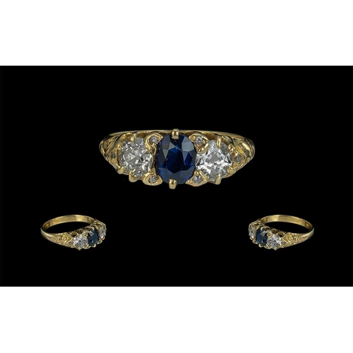 19 - Antique Period Attractive Three Stone Diamond and Sapphire Set Ring with ornate gallery setting; not... 