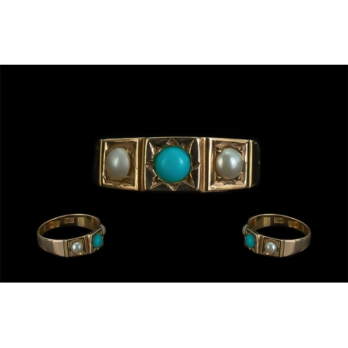 26 - Antique Period 15ct Gold Turquoise and Seed Pearl Set Dress Ring, marked 15ct to interior of shank; ... 