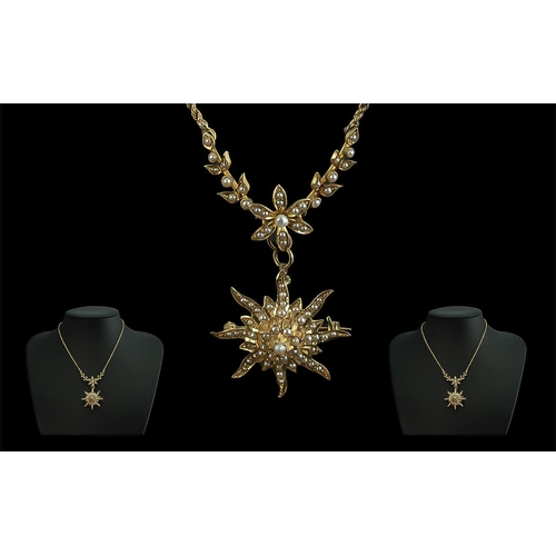 27 - Ladies Attractive and Ornate 14ct Gold Seed Pearl Set Necklace with 14ct gold sunburst seed pearl se... 