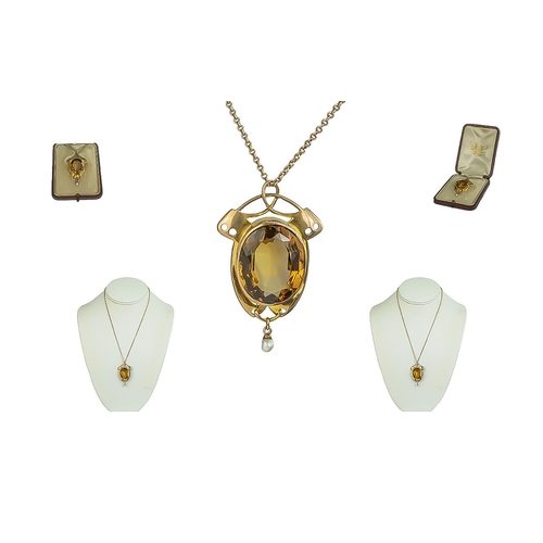 28 - Art Nouveau Superb 9ct Gold Large Stylish Faceted Citrine Set Pendant with Pearl Drop Attached to a ... 