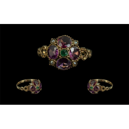 45 - Georgian 12.5 ct Gold Amethyst / Emerald / Seed Pearl Set Ring. Ornate Setting. Marked 12.5. Hallmar... 