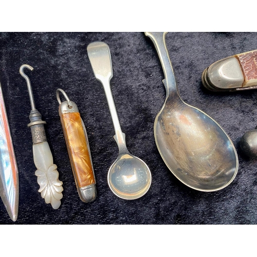 498 - Collection of Ephemera, including silver sugar nips, a boxed set of child's spoon and pusher in orig... 