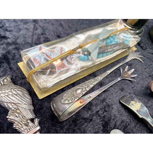 498 - Collection of Ephemera, including silver sugar nips, a boxed set of child's spoon and pusher in orig... 