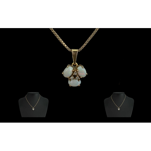 51A - Ladies Nice Quality and Attractive 9ct Gold Opal and Diamond Set Pendant Drop with Later 9ct Gold Ch... 