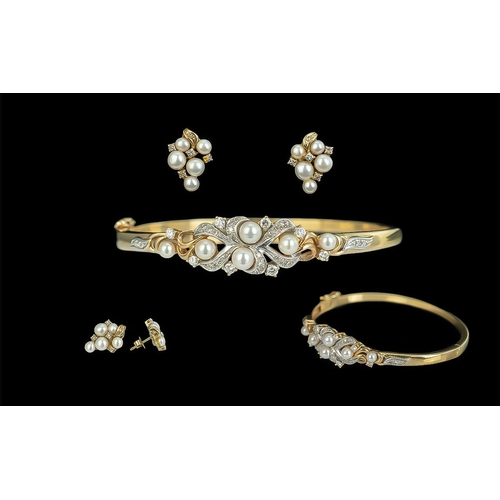 53 - Ladies 18ct Gold Attractive Pearl and Diamond Set Hinged Bangle, Marked 18ct + A Matching Pair of 18... 