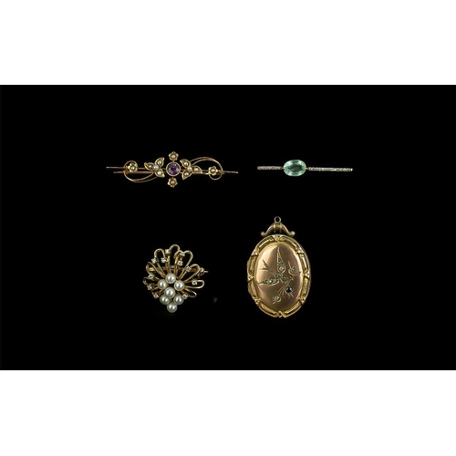 54A - Antique Period Original 18ct Gold Amethyst & Seed Pearl Set Brooch, marked 18ct.  Together with a 9c... 