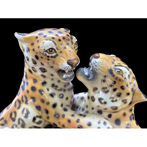 598 - Excellent Mid Century Ceramic Hand Painted Life Like Figure of Two Leopard Cubs Play Fighting, By th... 