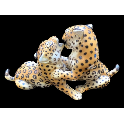 598 - Excellent Mid Century Ceramic Hand Painted Life Like Figure of Two Leopard Cubs Play Fighting, By th... 