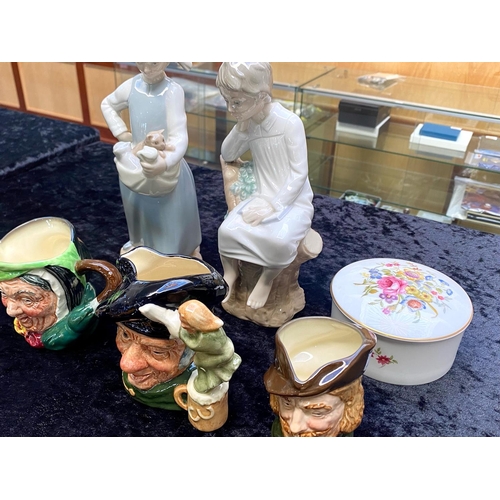 637 - Small Mixed Lot of Pottery, to include one Lladro, one Nao, three Doulton character jugs Robin Hood ... 