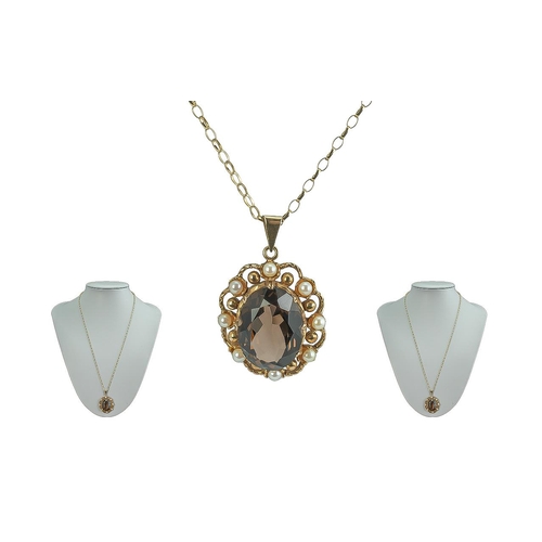 65 - Ladies 9ct Gold Attractive Smoky Topaz and Pearl Set Pendant attached to a 9ct gold fancy chain, boy... 