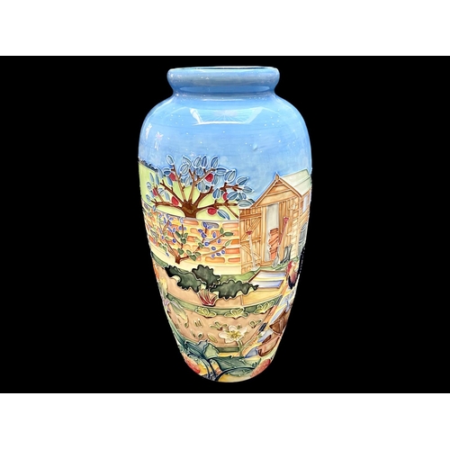 651 - Old Tupton Ware Vase, designed by Jeanne McDougall, tubelined decoration of a garden with a shed, sc... 