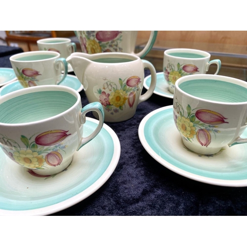 654 - A Susie Cooper Crown Works Burslam Coffee Set comprising coffee pot, 6 cups and saucers, sugar bowl ... 