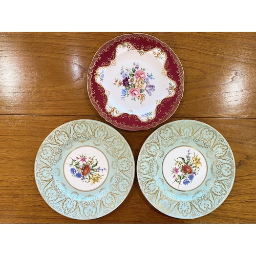 669 - Two Royal Worcester Cabinet Plates, 10.5'' diameter, mint green and gilt trim with central floral de... 