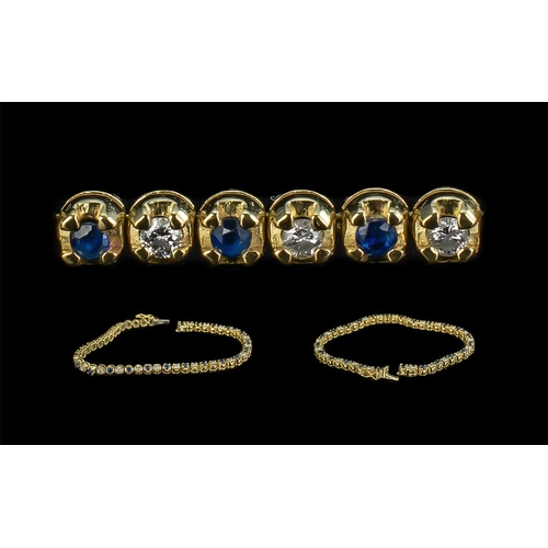 67A - Ladies - Superb Quality 18ct Gold Line Bracelet, Set with Diamond and Blue Sapphire. Marked 750 - 18... 