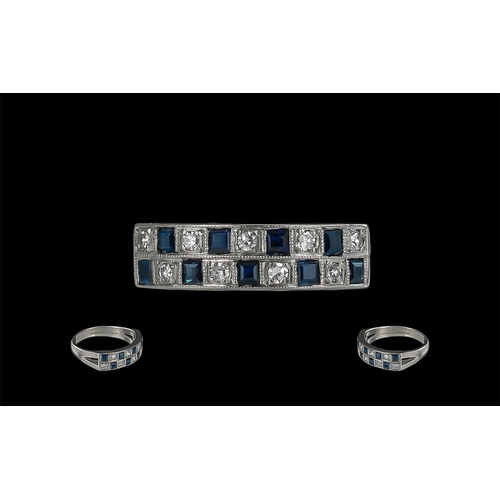 70A - 18ct White Gold - Attractive Blue Sapphire and Diamond Set Ring. Chequered Design. Marked 18ct to Sh... 