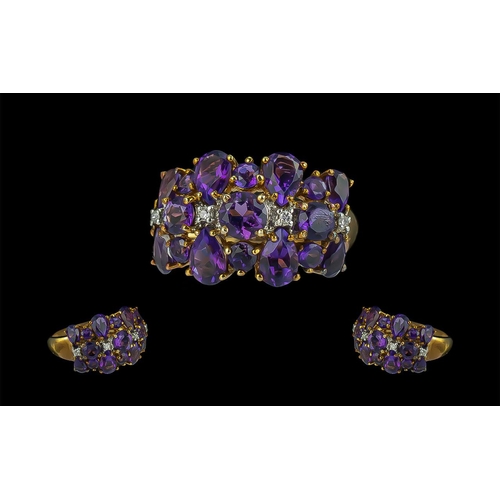 72 - Ladies - Attractive 9ct Gold Amethyst and Diamond Set Cluster Ring. Full Hallmark to Interior of Sha... 