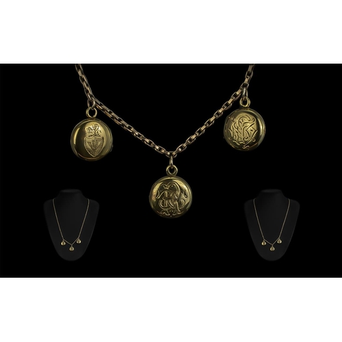 72A - Victorian Period 9ct Gold Chain with 3 small attached 15ct gold hinged lockets; one locket reads '(B... 