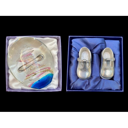 748 - Mixed Collection to include a glass Diadem paperweight in box, a pair of Royal Selangor pewter baby ... 