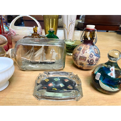 761 - Two Boxes of Vintage Coloured Glass, including Medina glass paperweight, Whitefriars glass, bottles,... 