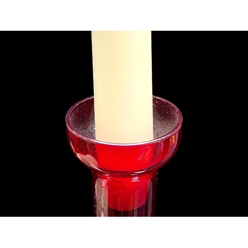 781 - Pair of Tall Red Glass Candlesticks, measure approx  12'' tall.