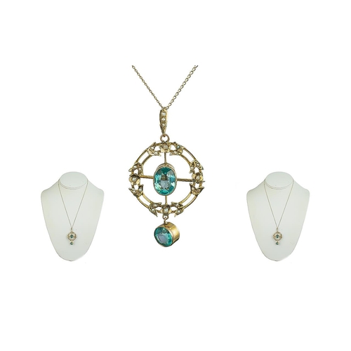 81A - Edwardian Period - Attractive 9ct Gold Open Worked Pendant Set with Aquamarines and Seed Pearls, Att... 