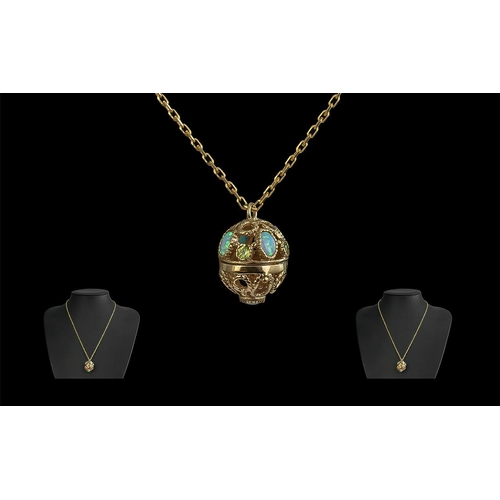 82 - Antique Period - Nice Quality 9ct Gold Open Worked Pendant, Sphere Shaped, Set with Opals, Peridots,... 