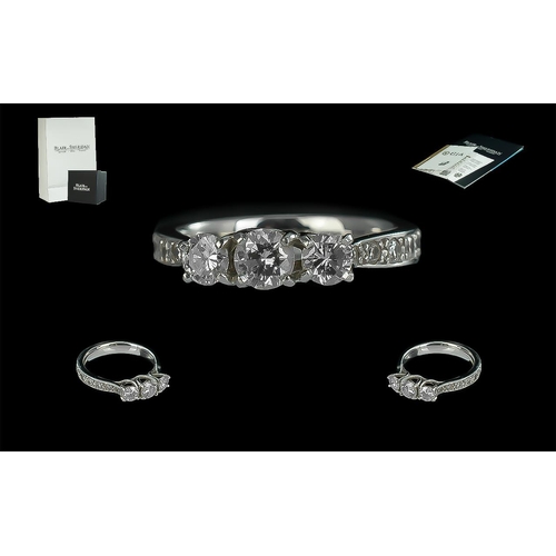 8A - Platinum Claw and Pave Set 3 Stone Diamond Ring, Trilogy Design. Marked 950. Top Graded Diamonds. Th... 