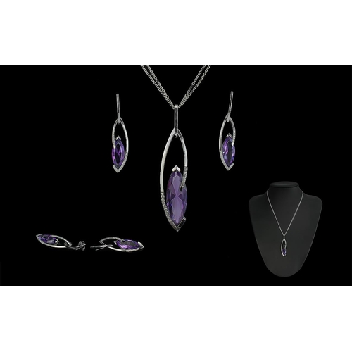 91 - Ladies Contemporary and Top Quality Designed 18ct White Gold Deep Purple Amethyst and Diamond Set Pe... 