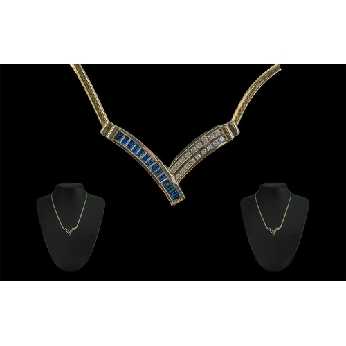 96 - Ladies 14ct Gold Contemporary Sapphire and Diamond Set Necklace, marked 14ct - 585, the baguette cut... 