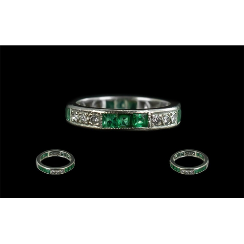 96A - Platinum Diamond and Emerald Set Full Eternity Ring. Diamonds and Emeralds of Good Colour. Ring Size... 