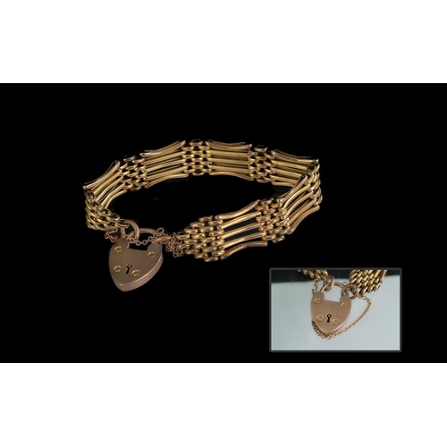 98 - Antique Period Superior Quality 9ct Gold 5-Bar Gate Bracelet, with 9ct Gold heart shaped padlock.  M... 