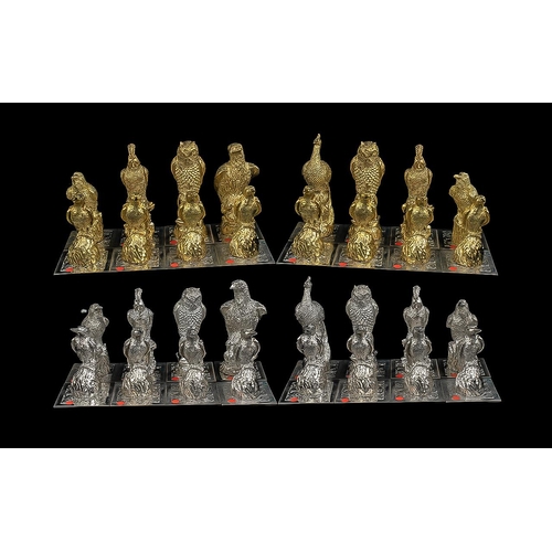 100A - Elizabeth II Superb Quality Bespoke - Solid ( 32 ) Piece Sterling Silver Chess Set. All Pieces with ... 